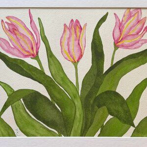 Painting Watercolor Flower Tulip Pink Green 11x14 & Black Mat 16x20 Original Art